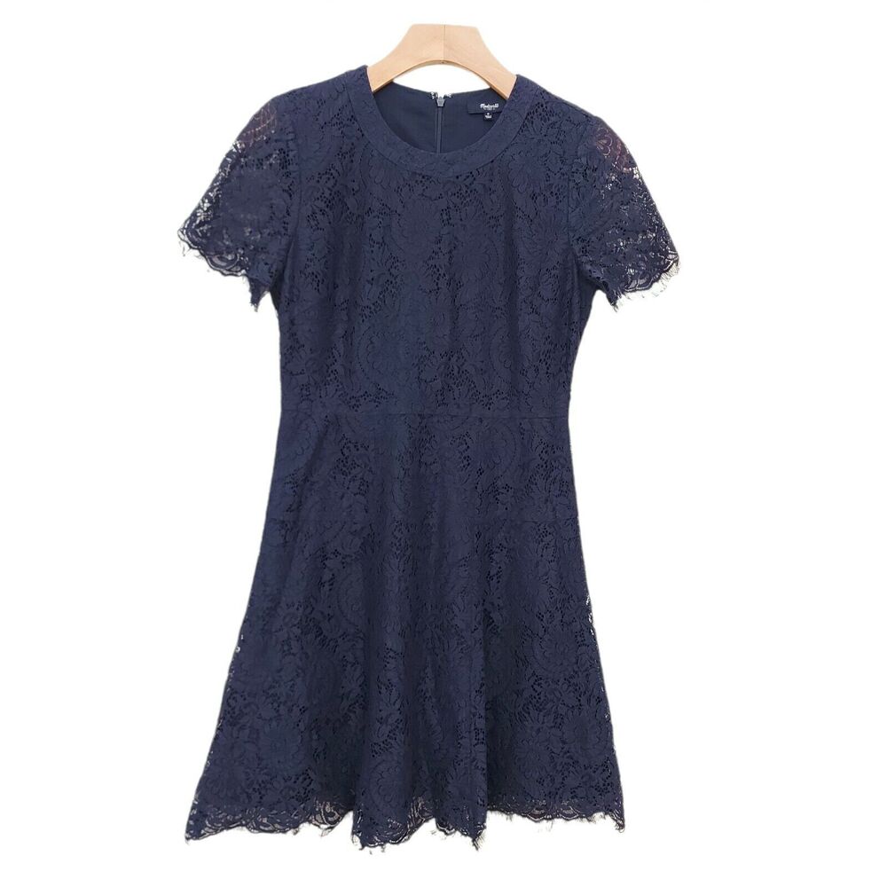 Madewell Midi Dress Womens 0 Navy Short Sleeve Lace Lined Back Zip Fairy Witchy